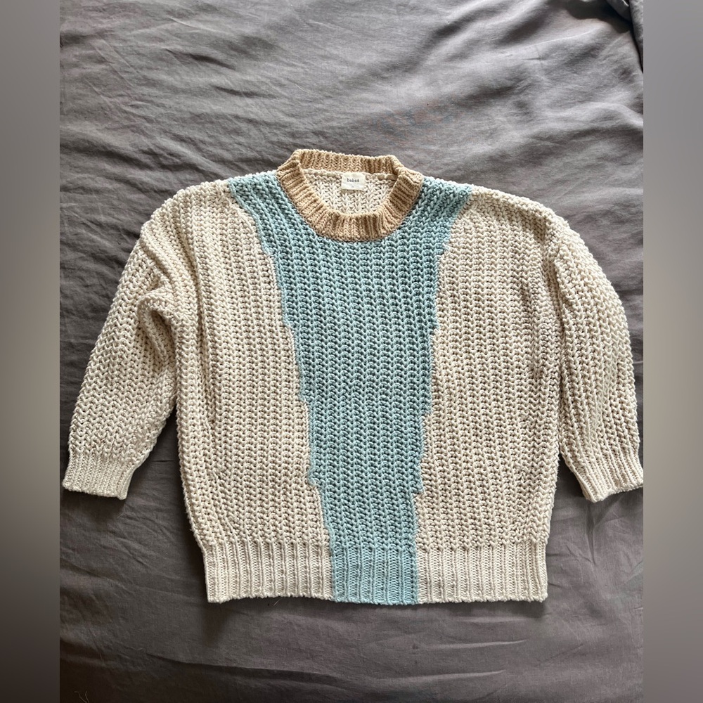 Babaà Hand Knit Wool Sweater | Chunky Colorblock Cream Tan Blue | Made in Spain